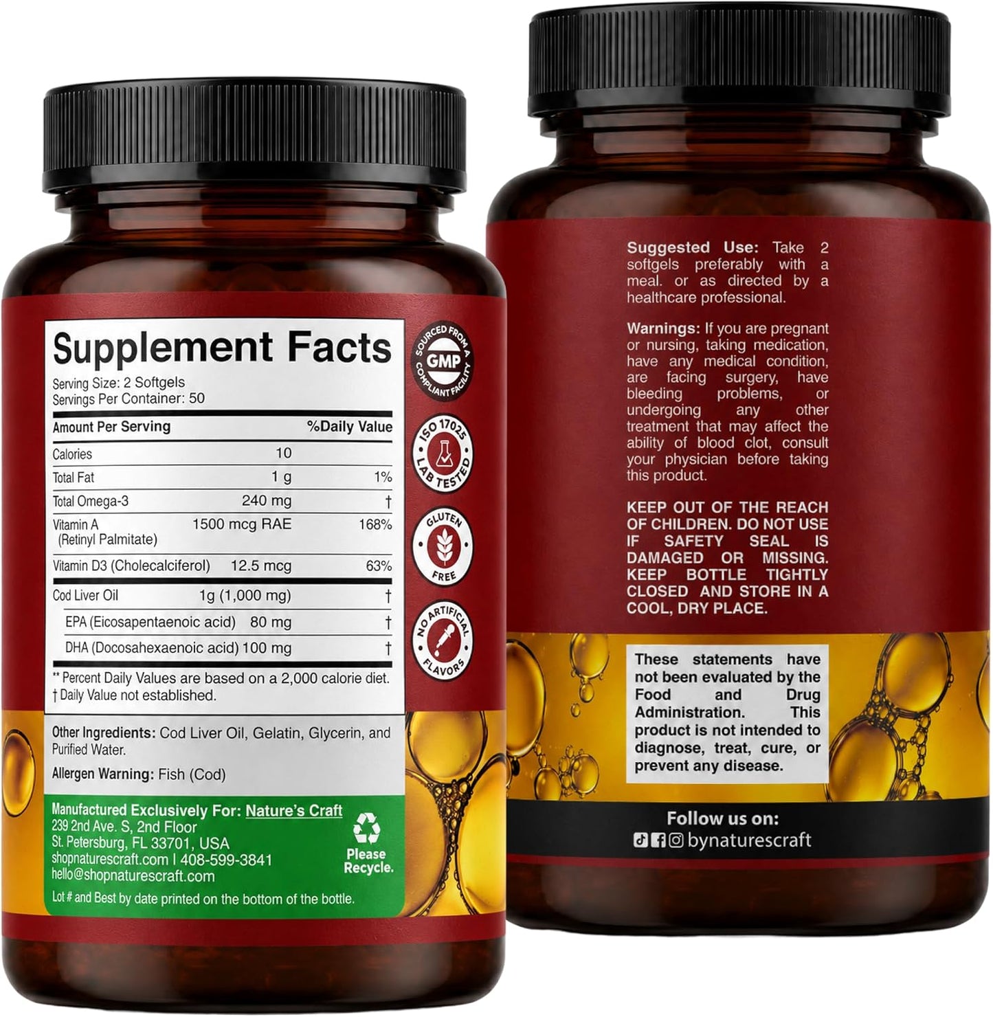 Cod Liver Oil Capsules, Omega 3 Fish Oil, 100 Mini Softgels | 1,000 mg per 2-softgel serving with 240 mg total omega-3s, EPA & DHA, vitamins A & D3, from wild-caught Icelandic cod Gsupps Australia