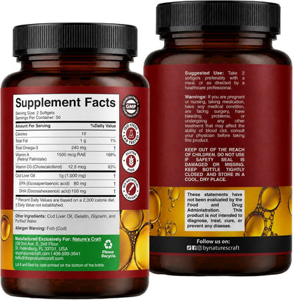 Cod Liver Oil Capsules, Omega 3 Fish Oil, 100 Mini Softgels | 1,000 mg per 2-softgel serving with 240 mg total omega-3s, EPA & DHA, vitamins A & D3, from wild-caught Icelandic cod Gsupps Australia