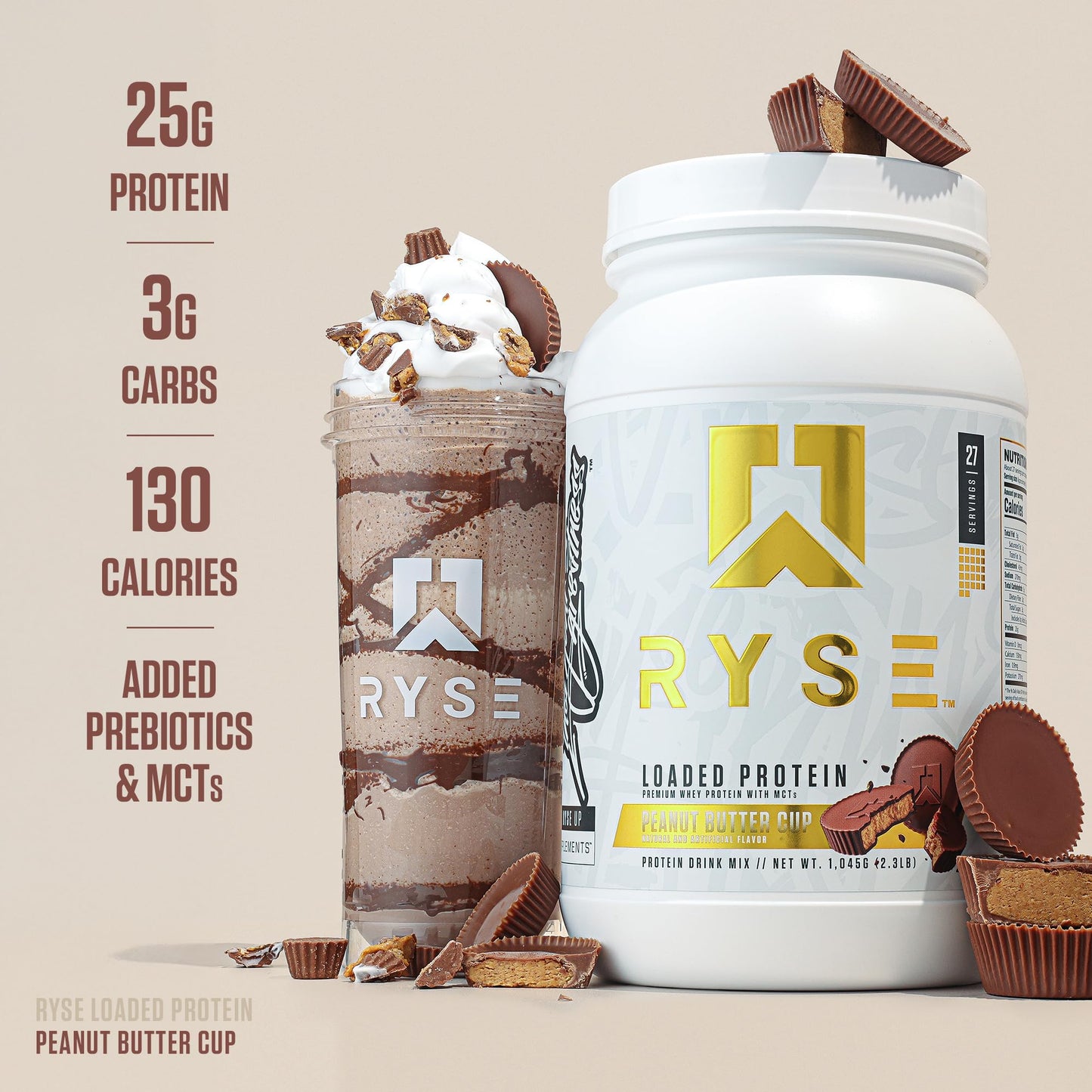 RYSE Loaded Protein Powder - Jet-Puffed Marshmallow - 25g Whey Protein Isolate & Concentrate with Prebiotic Fiber & MCTs - Low Carb, Low Sugar, Digestive-Friendly - 27 Servings / 2 lb Tub
