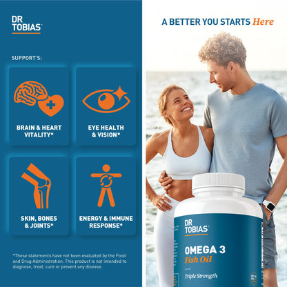 Dr. Tobias Omega 3 Fish Oil 2000mg Triple Strength with 800mg EPA 600mg DHA Per Serving | Fish Oil Omega 3 Supplements for Heart Brain & Immune Support - 180 Softgels (90 Servings)