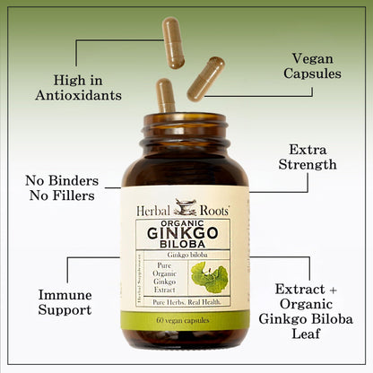 Herbal Roots Organic Ginkgo Biloba Made with Pure Organic Ginkgo Leaf and Extract - 60 Vegan Capsules Herbal Roots