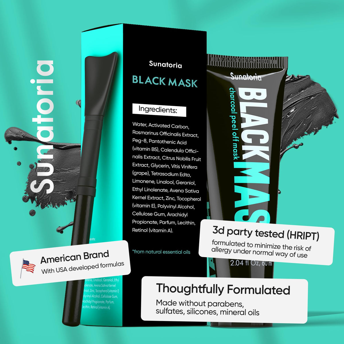 SUNATORIA Original Black Peel Off Face Mask - Charcoal Pore Mask - Helps Remove Excess Oil & Lift Away Surface Impurities – Botanical Extracts & Vitamins A, E, B5-2.04 fl oz SUNATORIA