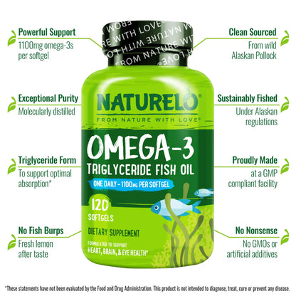 NATURELO Burpless Omega 3 Fish Oil Supplement - 1100mg Triglyceride Omega-3, EPA + DHA, Liquid Fish Oil for Heart, Eye, Brain, Joint Health NATURELO