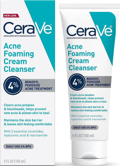 CeraVe Foaming Acne Cream Cleanser, Face Wash with 4% Benzoyl Peroxide, 5oz CeraVe