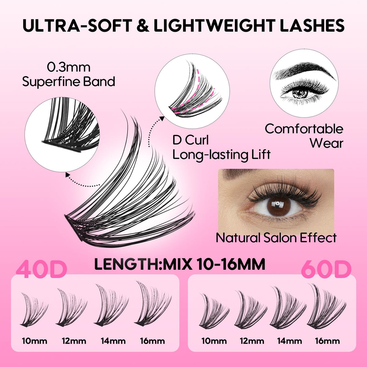 Azenlo Lash Extensions 40D+60D Cluster 240pcs DIY Wispy Lash Clusters 10-16mm Eyelash Clusters for Beginners At Home Individual Thin Band Lash Kit (40D+60D Kit) Azenlo