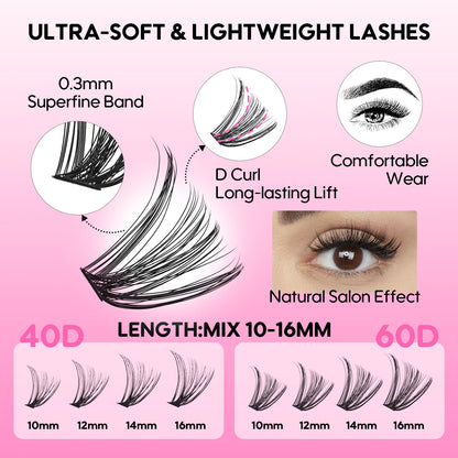 Azenlo Lash Extensions 40D+60D Cluster 240pcs DIY Wispy Lash Clusters 10-16mm Eyelash Clusters for Beginners At Home Individual Thin Band Lash Kit (40D+60D Kit) Azenlo