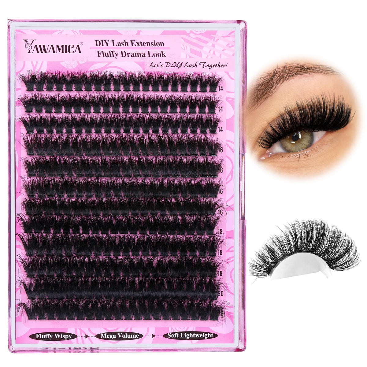 Yawamica Fluffy Lash Clusters Thick 200D Volume Eyelash Clusters 14-20mm Wispy Individual Lashes D Curly Cluster Eyelash Extensions 240pcs DIY Lash Extension for Beginners Yawamica