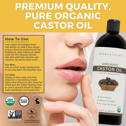 Viva Naturals Organic Castor Oil, Cold-Pressed, 16 fl oz – For Face, Hair, Eyelashes, USDA Organic, Non-GMO - With Beauty Kit Gsupps Australia
