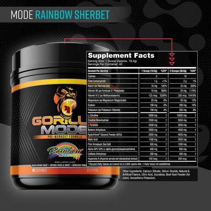 Gorilla Mode Creatine Monohydrate Micronized Powder & Pre Workout (Rainbow Sherbert)- Massive Pumps | Laser Focus Energy | Improved Muscle Size | Power Output and Strength