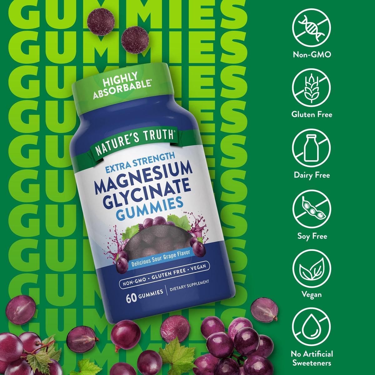Nature's Truth Magnesium Glycinate Gummies | 60 Count | Sour Grape Flavor | Vegan, Non-GMO & Gluten Free Supplement Nature's Truth