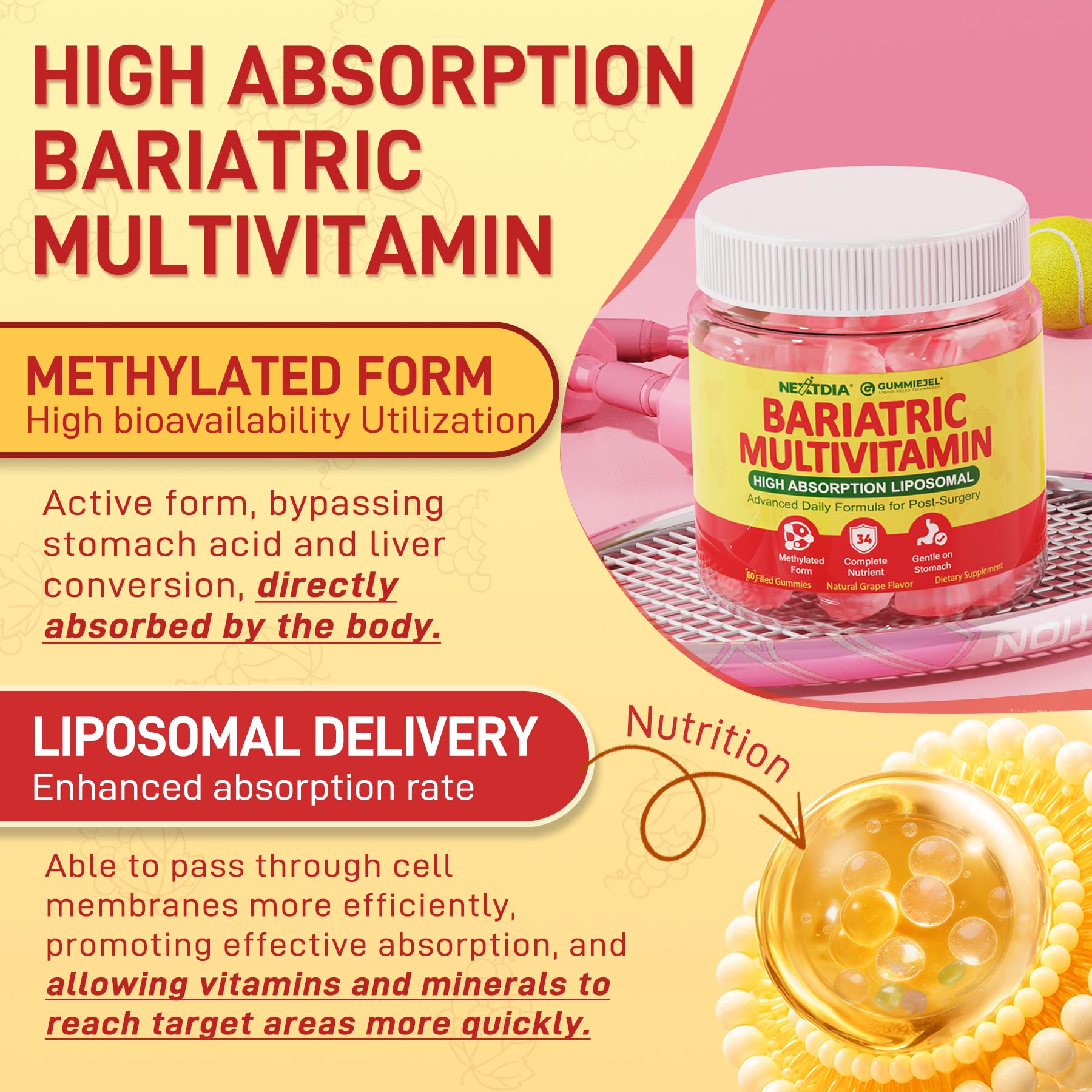 Liposomal Methylated Bariatric Multivitamin Gummies with Iron for Women & Men, High Absorption Multivitamin w/CoQ 10, Probiotic, Digestive Enzymes Support Gastric Bypass & Sleeve Recover, Energy,1Pack Nextdia buy australia supplements