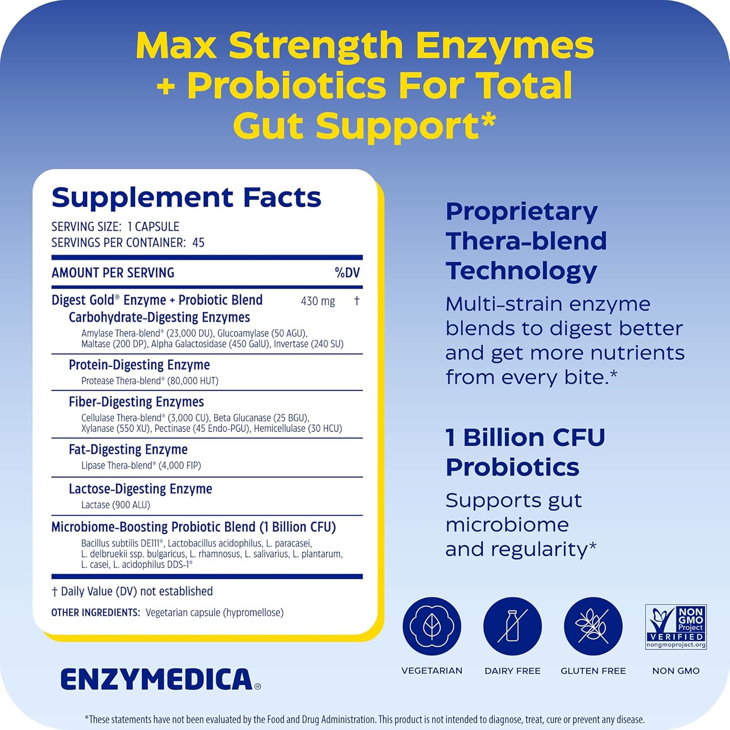 Enzymedica Digest Gold + Probiotics - Digestive Enzyme Supplement for Women & Men, Enzyme and Probiotic Capsules for Digestion, Gut Health Support, Helps Gas & Bloating, Vegetarian - 45 Caps Gsupps Australia
