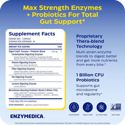 Enzymedica Digest Gold + Probiotics - Digestive Enzyme Supplement for Women & Men, Enzyme and Probiotic Capsules for Digestion, Gut Health Support, Helps Gas & Bloating, Vegetarian - 45 Caps Gsupps Australia