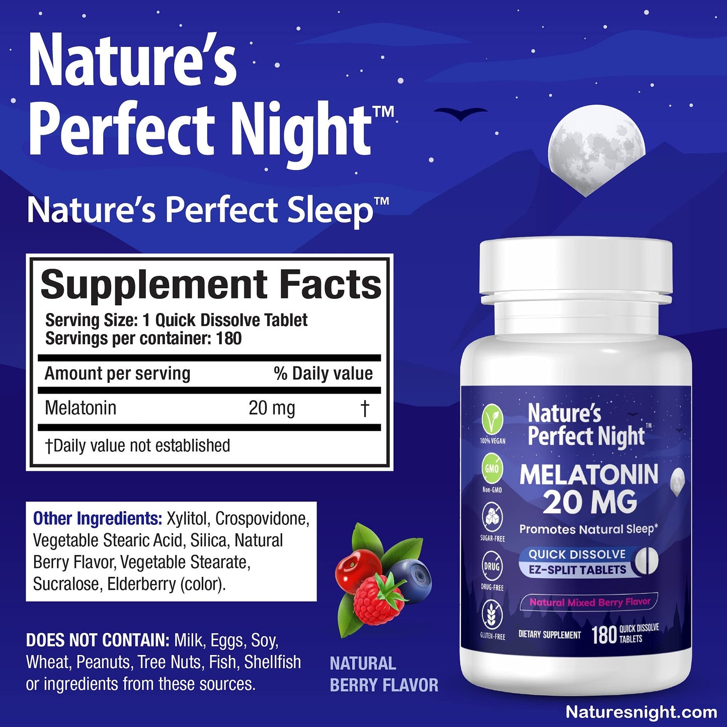 Nature's Perfect Night | Melatonin 20mg | 180 Quick Dissolve Tablets | Natural Mixed Berry Flavor |High Potency | Sugar Free Nature's Perfect Night