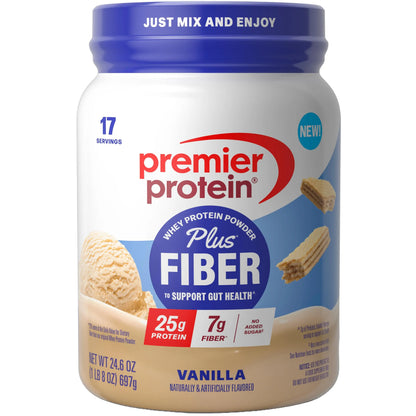 Premier Protein Powder Plus Fiber, Vanilla, 25g Protein, 7g Fiber to Support Gut Health, No Added Sugar (17 Servings) Premier Protein