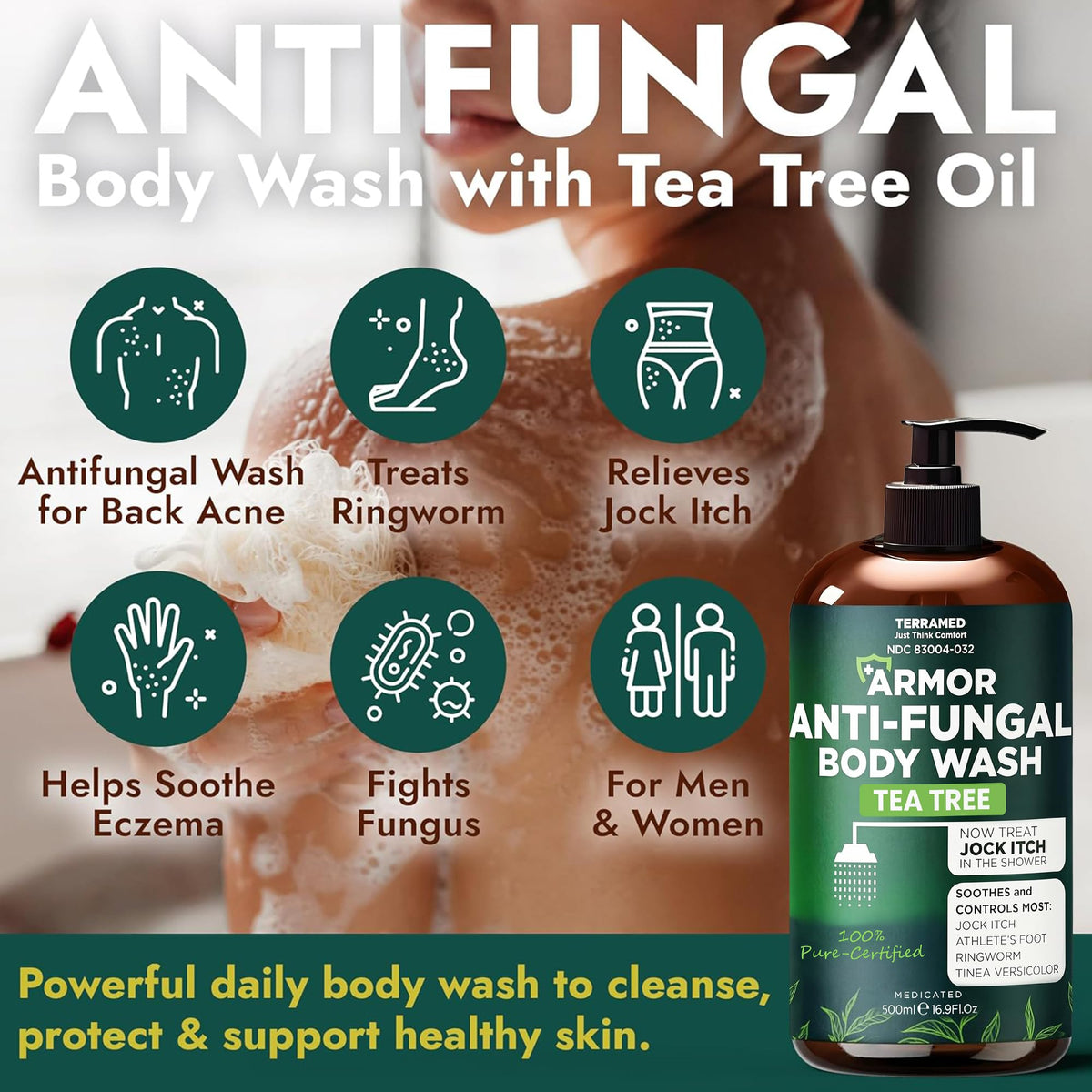 Antifungal Body Wash with Tea Tree Oil for Ringworm & Jock Itch w/Scrubber Terramed Just Think Comfort