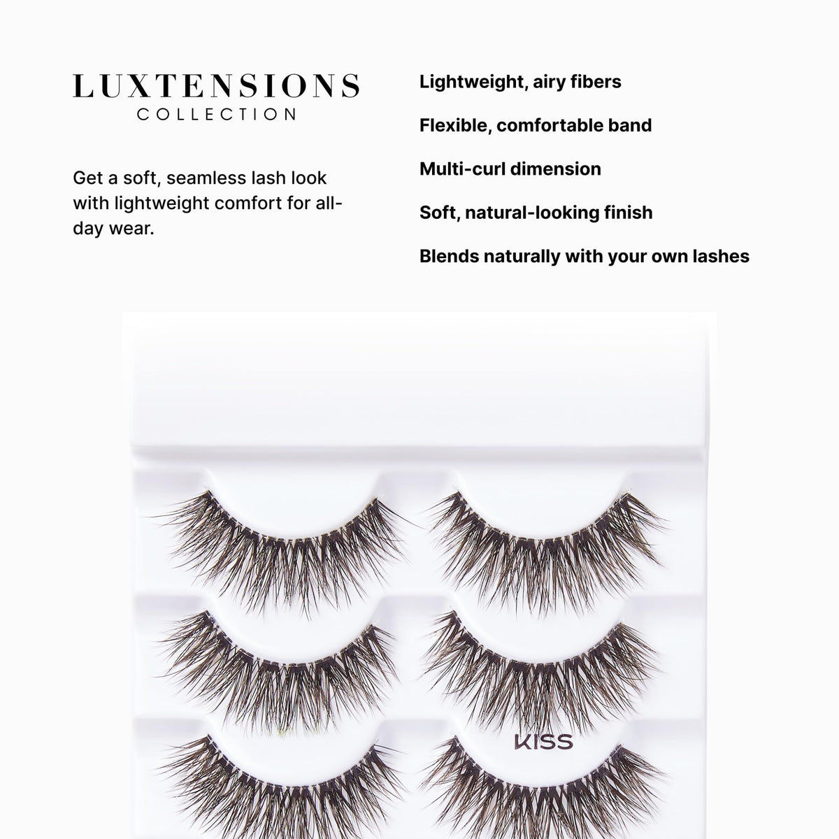 Kiss Lash Couture LuXtensions False Eyelashes, Royal Satin, 1 Pair, 10mm Flat Lash, Real Lash Extension Fibers, Lightweight Natural-Look Reusable D/C/J Curl Mix, Soft, Flexible Band KISS