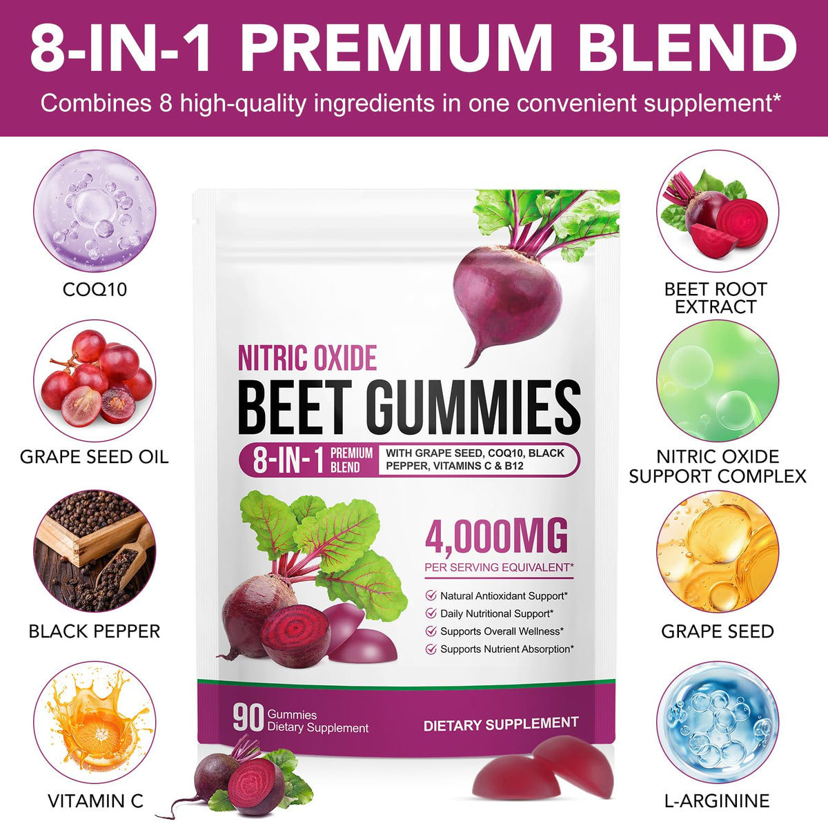 ECHTEYUN Super Beetroot Gummies, 8 in 1 Beet Root 4,000mg with Grape Seed Extract & CoQ10, Sugar Free - 90 Count (1) ECHTEYUN