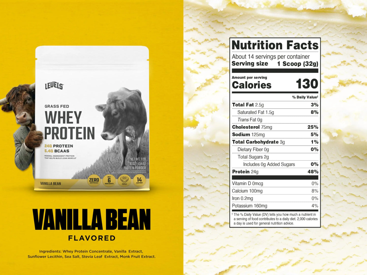 Levels Grass Fed Whey Protein Powder, No Artificials, 24G of Protein, Vanilla Bean, 1LB Levels Nutrition