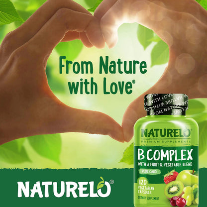 NATURELO Vitamin B Complex,120 Capsules, Vegan, CoQ10, Methyl Folate, Biotin, Fruit & Veg Blend, Supports Energy and Healthy Stress Response NATURELO