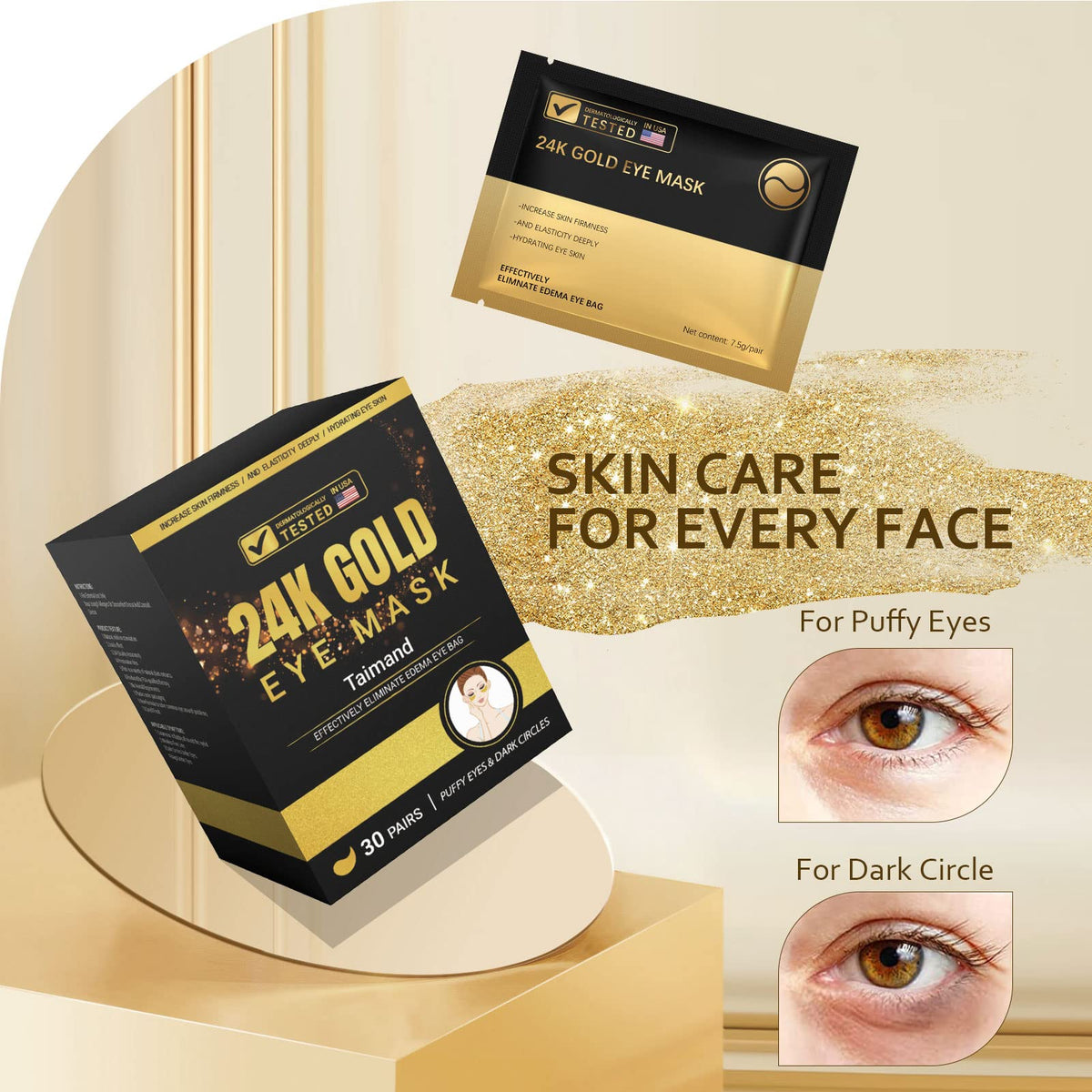 Taimand Under Eye Patches (30 Pairs), 24K Gold Eye Mask for Dark Circles Taimand