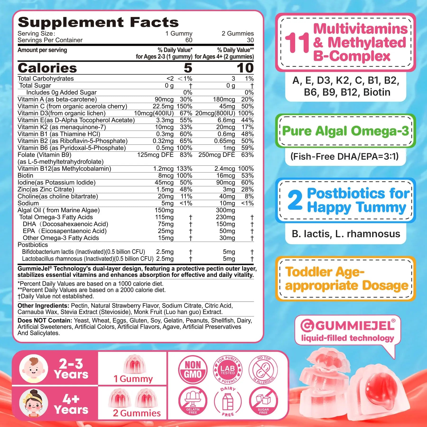 Organic Toddler Multivitamin Gummies + Omega-3 (DHA/EPA), Postbiotics | kids 2+ multivitamin | Vitamins A C D3 Methyl B12 Folate Zinc EnvyCure buy australia supplements