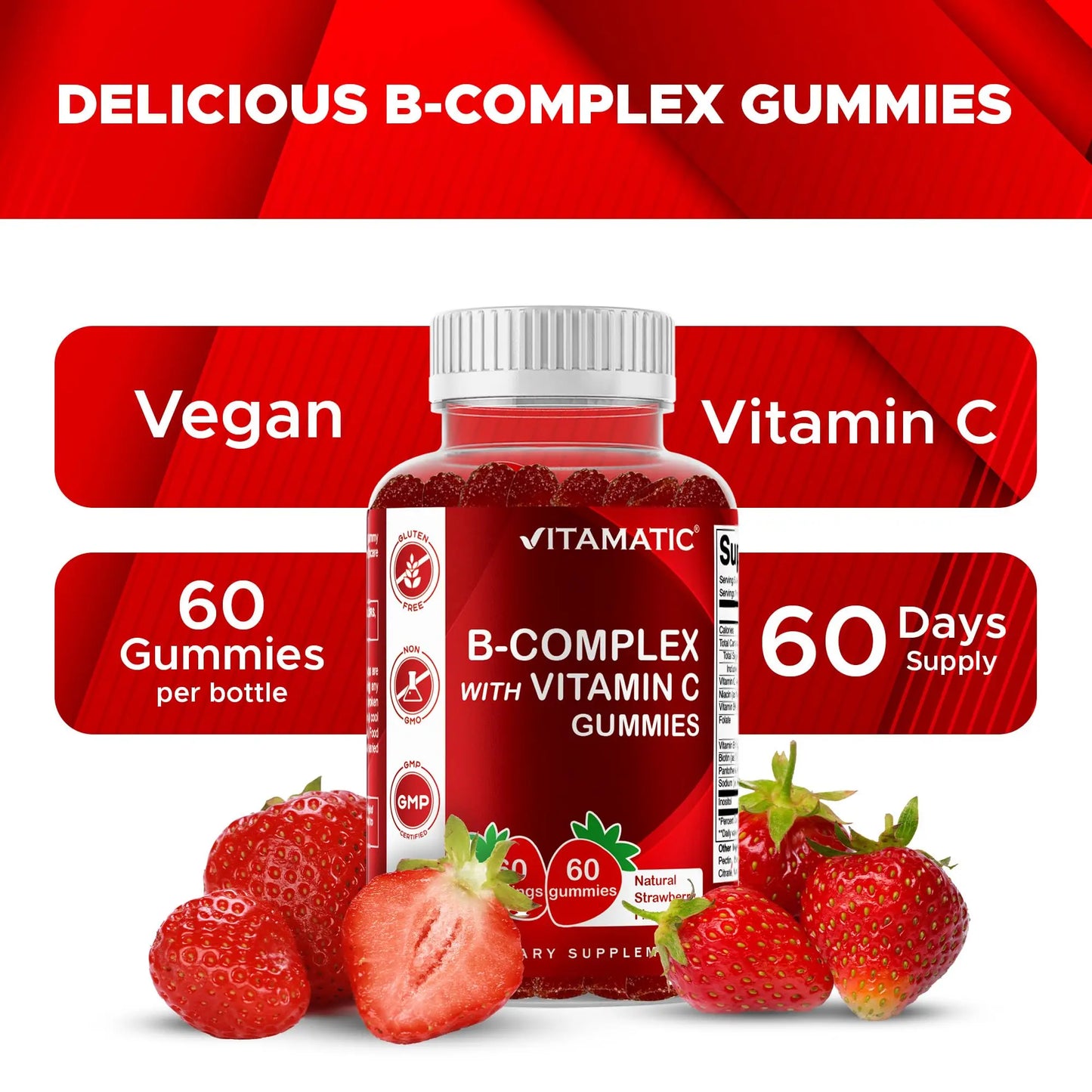 Vitamatic Vitamin B Complex Gummies with Vitamin C & Inositol - Natural Strawberry Flavor - 60 Gummies (1 Bottle) Vitamatic