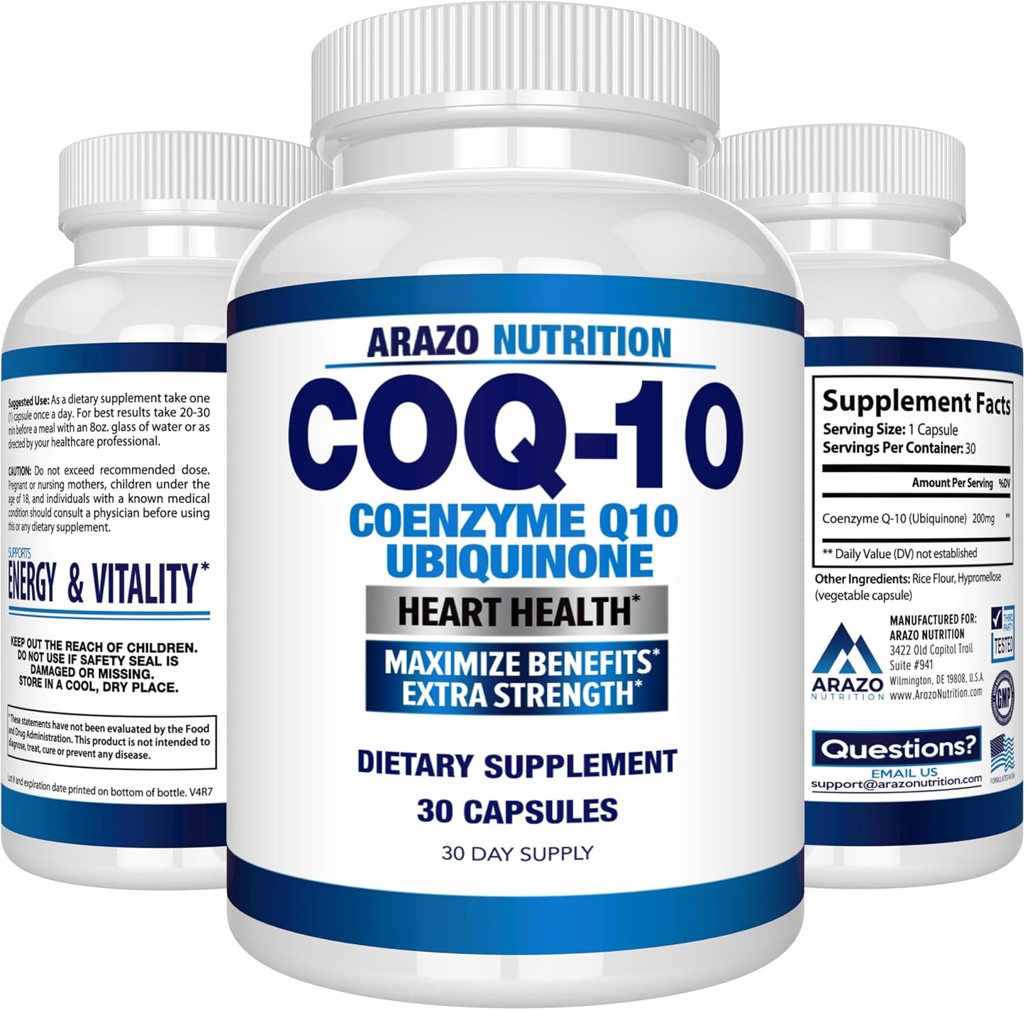Arazo Nutrition CoQ10 Ubiquinone Coenzyme Q10-200mg Per Serving Maximum Strength Nutritional Supplement - High Absorption Capsules with No Soy Gsupps Australia