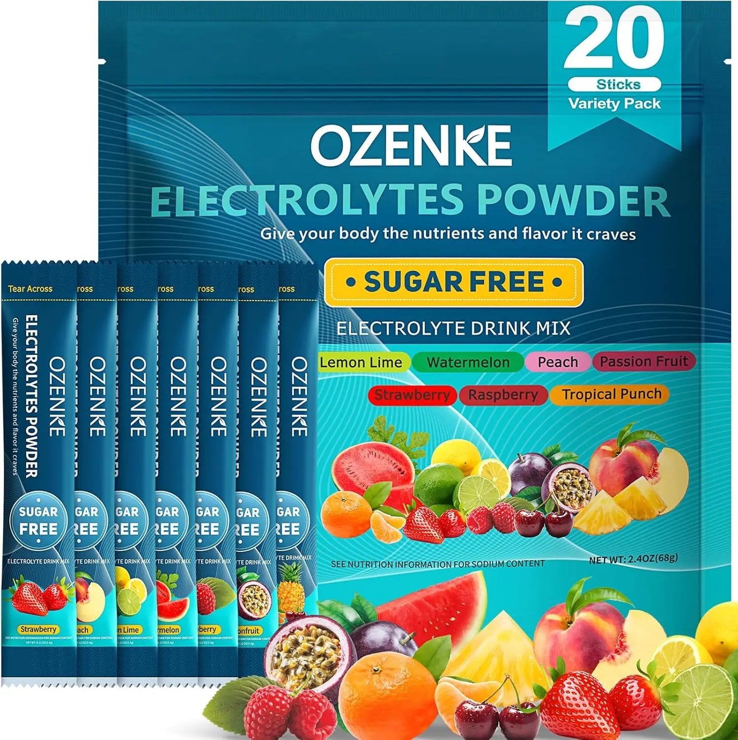 OZENKE Electrolytes Powder Packets, Hydration Packets, Electrolytes Powder No Sugar, Portable Electrolyte Drink Mix for Rapid Hydration, Sugar Free & Low Sodium OZENKE
