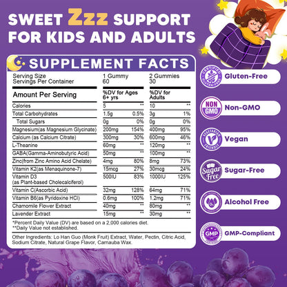 (2Pack) Sugar Free Magnesium Glycinate Gummies for Kids & Adults - Zzz Support, Relaxation & Cognition Support, 200/400mg Magnesium Gummies with L-Theanine, JIANKYTZ