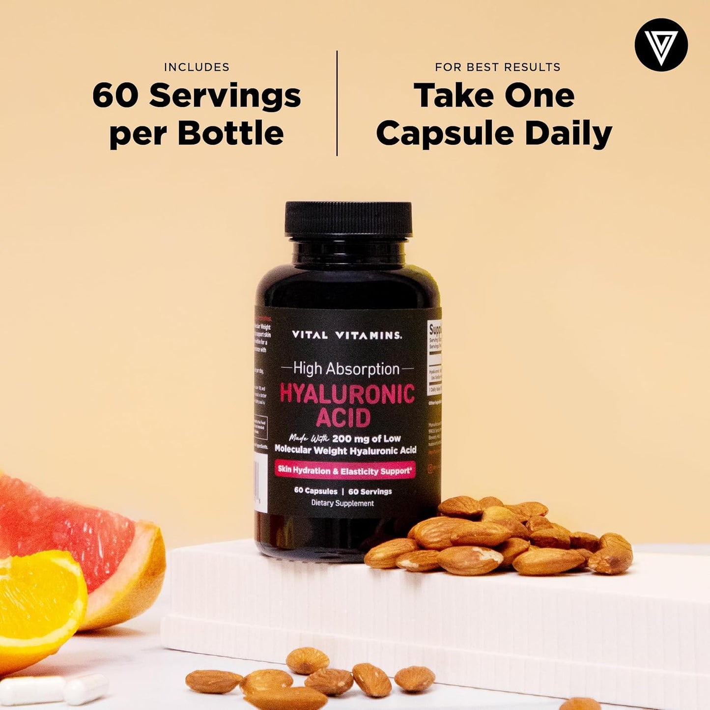 Vital Vitamins Hyaluronic Acid Supplements, 60 Capsules | 200mg Low Molecular Weight HA, Supports Skin Hydration, Elasticity & Joint Comfort, Vegan & Non-GMO Gsupps Australia