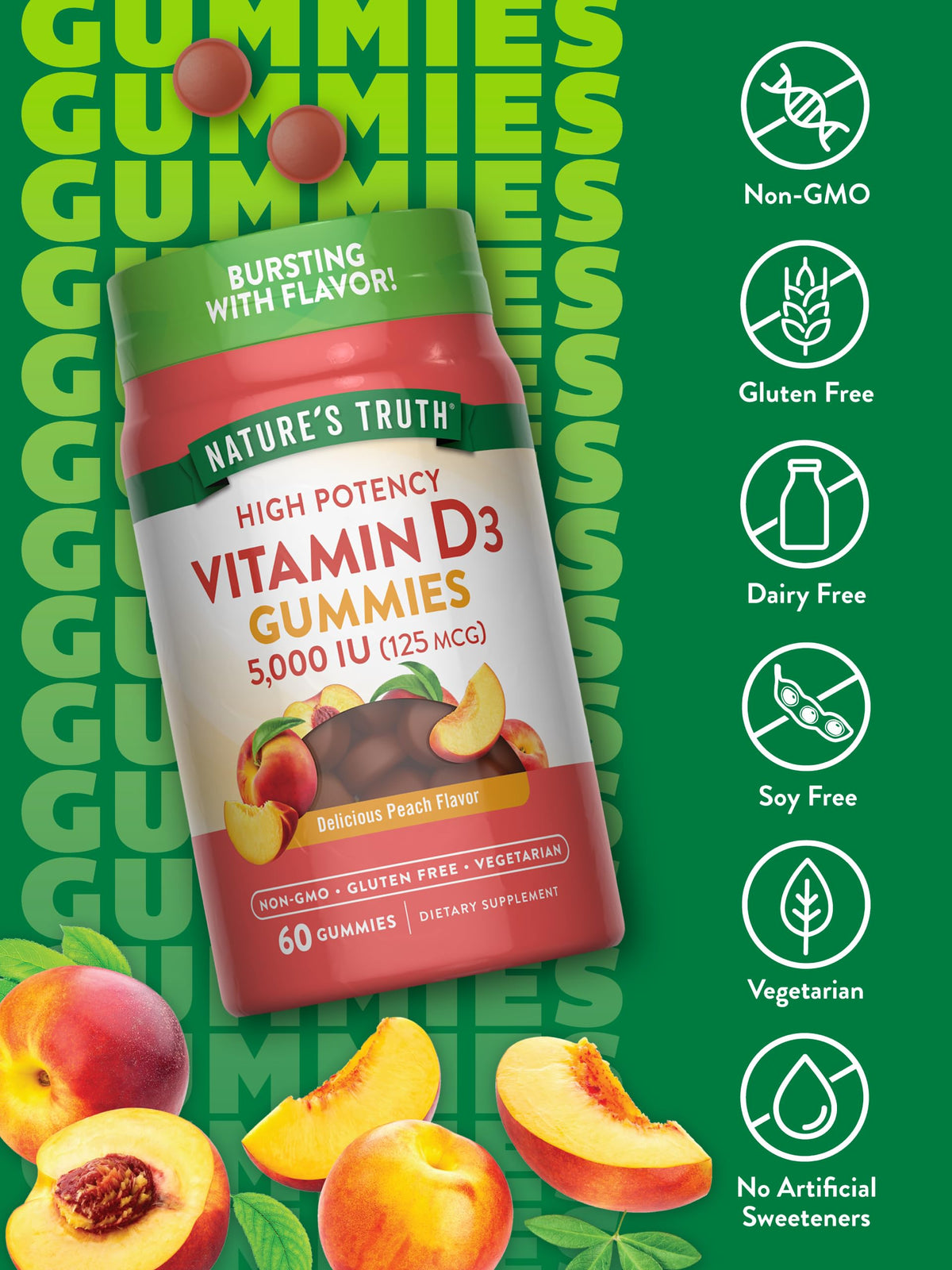 Nature's Truth Vitamin D3 Gummies | 5000 IU | 60 Count | Peach Flavor | Vegetarian, Non-GMO & Gluten Free Supplement Nature's Truth