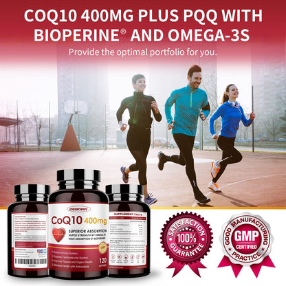 ZEBORA CoQ10-400mg-Softgels with PQQ, BioPerine & Omega-3, Coenzyme Q10(Ubiquinone) Supplement for High-Absorption, Powerful-Antioxidant ZEBORA