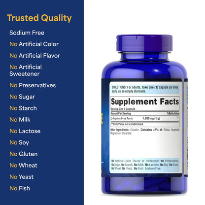 Puritan's Pride L-Arinine 1000mg, Dietary Supplement Supports Nitric Oxide Levels and Heart and Circulatory Heath, 100 Day Supply, 100 Tablets Puritan's Pride