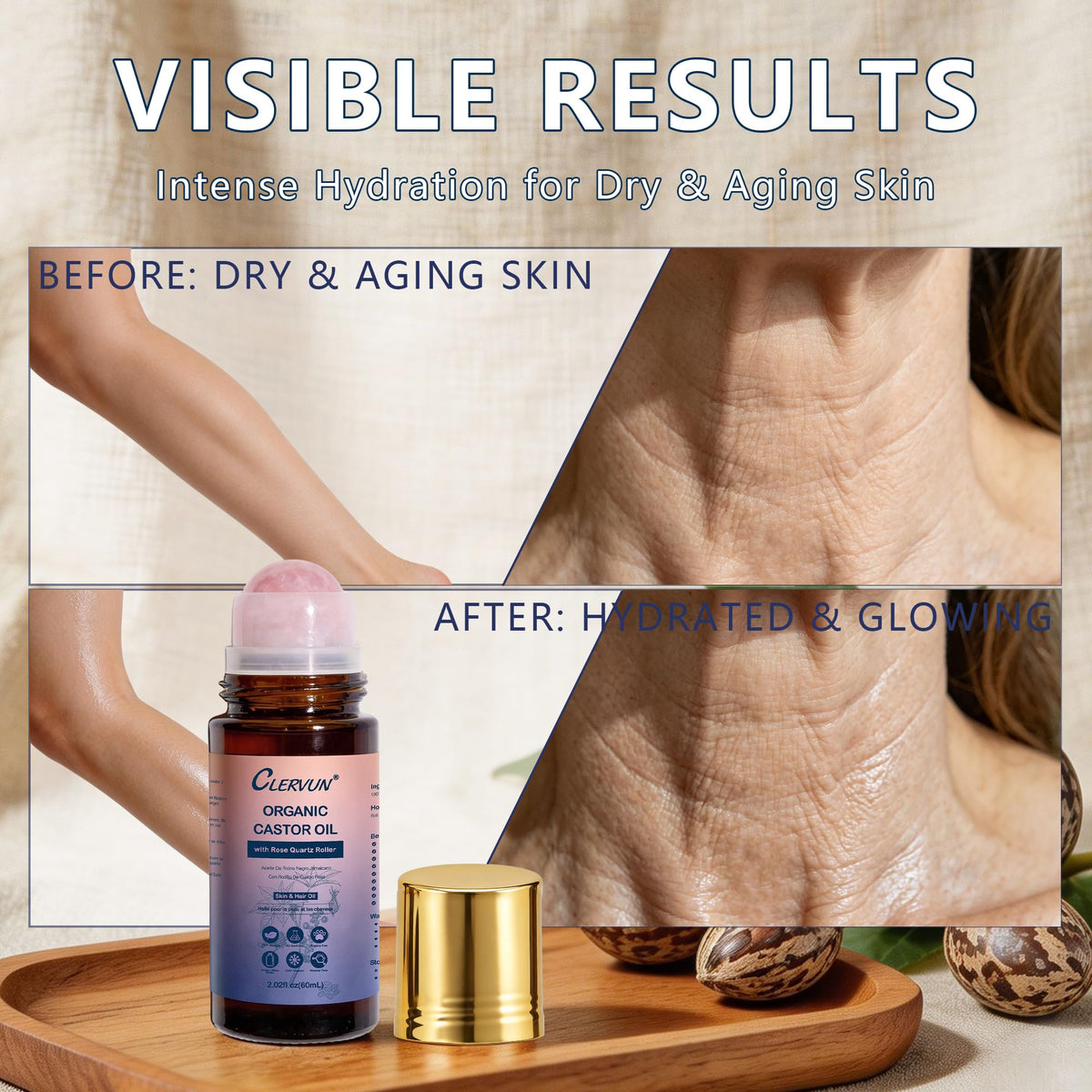 CLERVUN Organic Castor Oil Roll On with Rose Quartz Roller 2.02fl.oz CLERVUN