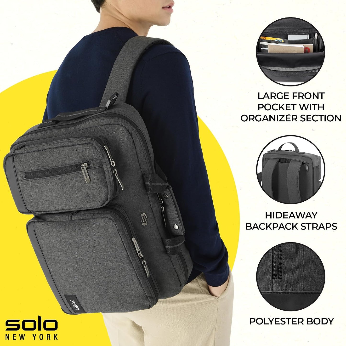 Solo New York Hybrid Briefcase Backpack - Laptop Carrying Bag for Women & Men, Fits 15.6" Computer, Adjustable - Duane, Black Gsupps Australia