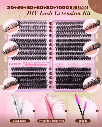 Lash Clusters Kit 560pcs Wispy Eyelash Clusters 30-100D Lash Cluster Kit Eefofnn