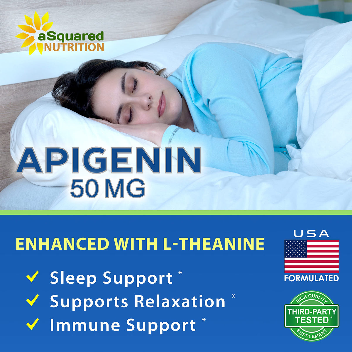 aSquared Nutrition Apigenin 50mg & L-Theanine 200mg - 120 Capsules - Apigenin Supplement Pills for Sleep and Relaxation aSquared Nutrition