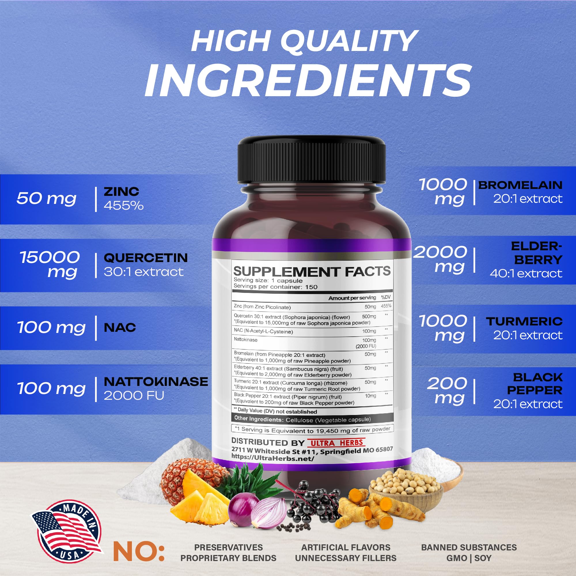 Quercetin 19,450mg 8 IN 1 with NAC, Nattokinase, Zinc, Bromelain, Elderberry, Turmeric ULTRA HERBS buy australia supplements