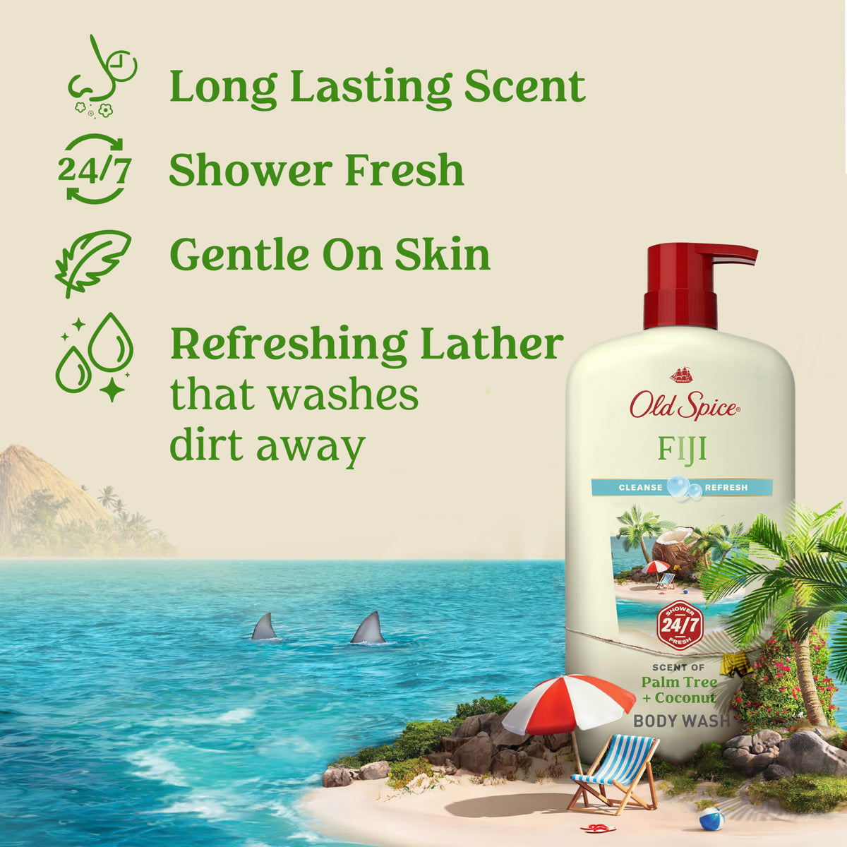 Old Spice Cleansing Body Wash for Men, 24/7 Shower Fresh with Lasting Scent, Cleanse & Refresh, Gentle on Skin, Vitamin B3, Fiji with Palm Tree + Coconut Scent, 25 oz (Pack of 4) Old Spice