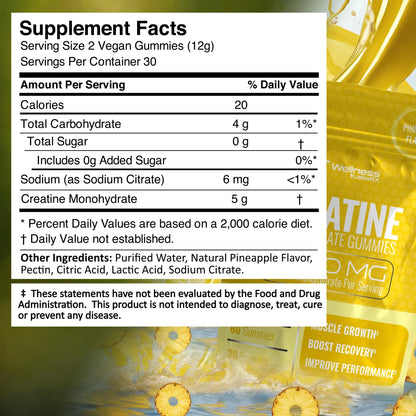 Creatine Gummies 5000mg, 30 Servings Creatine Monohydrate Gummies - Third-Party Tested Creatine for Women, Pineapple Flavor Creatine for Men, Muscle Growth, WELLNESS LABSRX