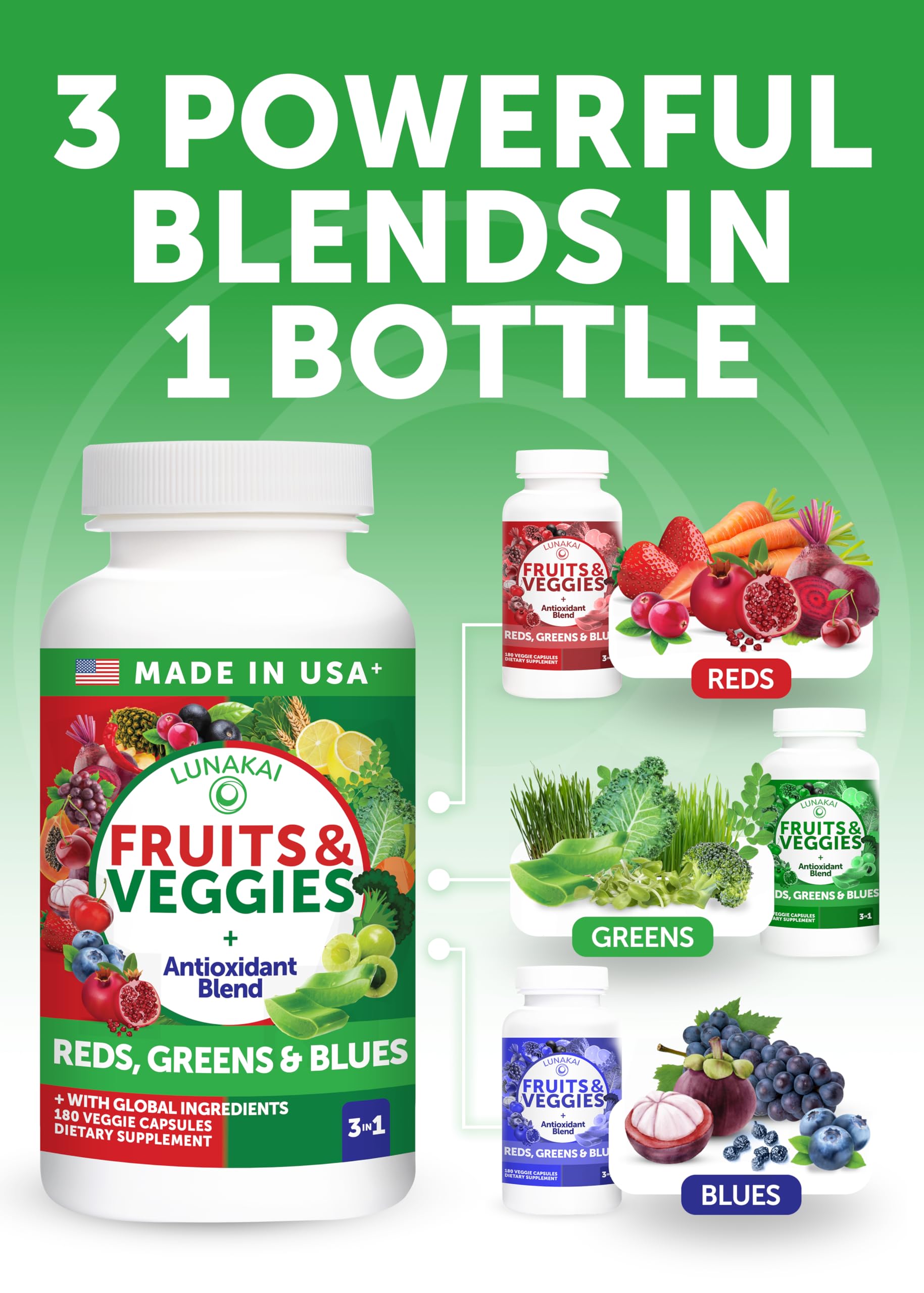 Lunakai USA Made Superfood Fruits & Veggies Supplement - All-in-One with 4 Blends & Scented Capsules, 180ct Super Veggie Capsules for Adults Lunakai buy australia supplements