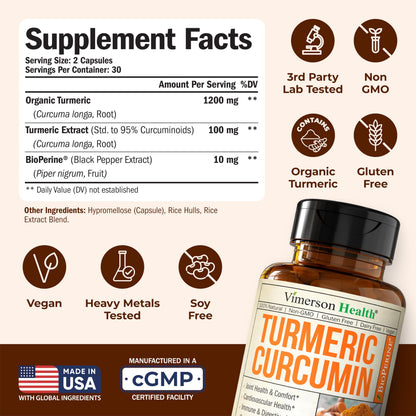 Turmeric with Black Pepper - High Potency Organic 1200mg Turmeric Curcumin Supplement for Joint Support & Digestive Health - Curcumin with Black Pepper Vimerson Health