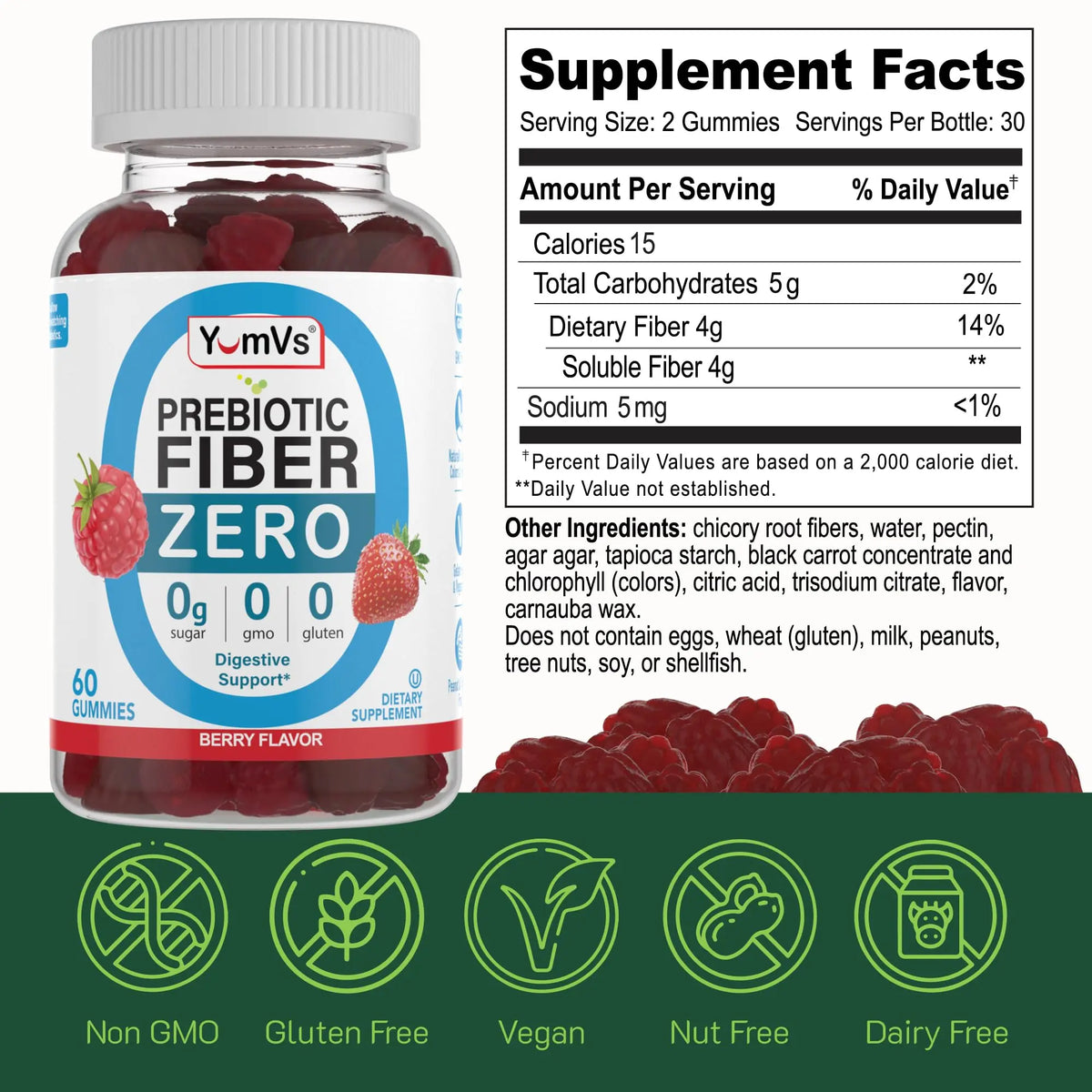 YumVs Sugar Free Prebiotic Fiber Gummies for Adults and Kids - Berry Flavor - Kosher Halal 4g High Fiber Supplement for Women and Men YUM-V'S