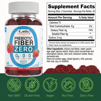 YumVs Sugar Free Prebiotic Fiber Gummies for Adults and Kids - Berry Flavor - Kosher Halal 4g High Fiber Supplement for Women and Men YUM-V'S