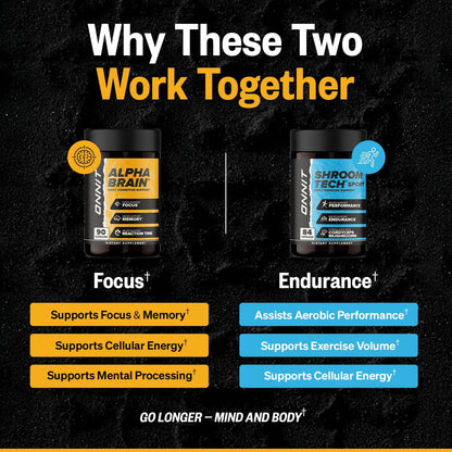 ONNIT Cognitive & Endurance Performance Bundle: Alpha Brain Nootropic Capsules (90 Count) + Shroom Tech Sport Capsules (84 Count), IGEN Non-GMO Tested Focus & Endurance, Pack of 2