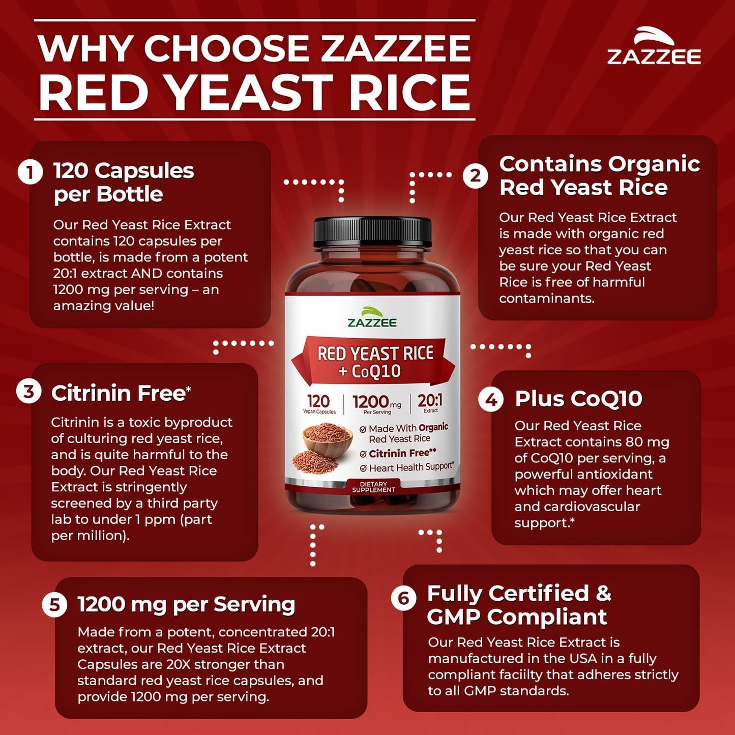 Zazzee Organic Red Yeast Rice 20:1 Extract with CoQ10, Citrinin-Free, 1200 mg per Serving, 80 mg CoQ10, 120 Vegan Capsules, Healthy Heart & Cardiovascular Support, Non-GMO, Made in the USA Gsupps Australia