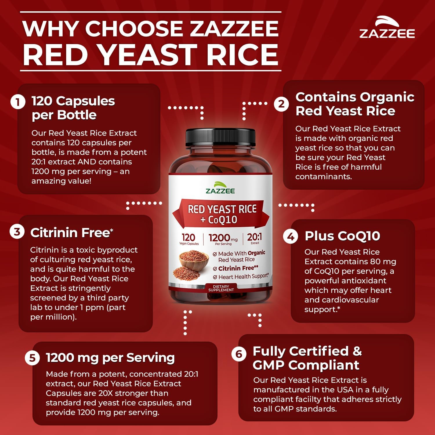 Zazzee Organic Red Yeast Rice 20:1 Extract with CoQ10, Citrinin-Free, 1200 mg per Serving, 80 mg CoQ10, 120 Vegan Capsules, Healthy Heart & Cardiovascular Support, Non-GMO, Made in the USA Gsupps Australia