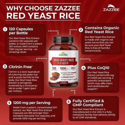 Zazzee Organic Red Yeast Rice 20:1 Extract with CoQ10, Citrinin-Free, 1200 mg per Serving, 80 mg CoQ10, 120 Vegan Capsules, Healthy Heart & Cardiovascular Support, Non-GMO, Made in the USA Gsupps Australia