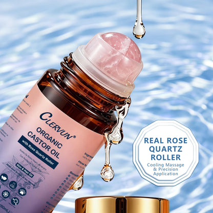 CLERVUN Organic Castor Oil Roll On with Rose Quartz Roller 2.02fl.oz CLERVUN
